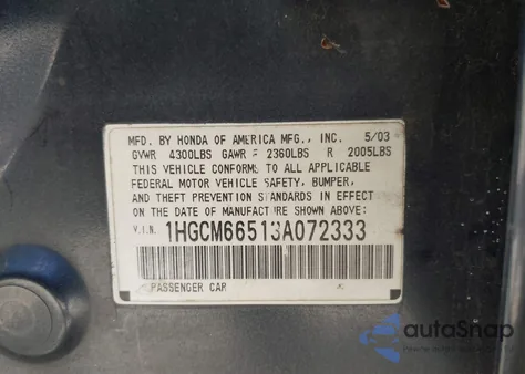 2003 Honda Accord 3.0 Ex from USA, damaged, VIN 1HGCM66513A072333